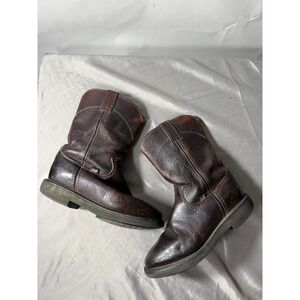 Justin Mens Brown Leather Roper Cowboy Boots Made in USA 9403 Pull On Work Boots